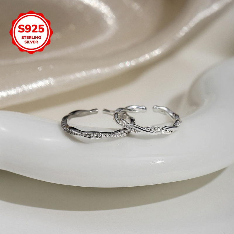 Sterling Silver Twist Ring with CZ Open Band Adjustable Couple's Ring